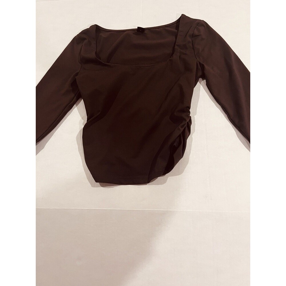 SHEIN Womens Long Sleeve Ruched Brown Square Neck Stretch Size Petites XS